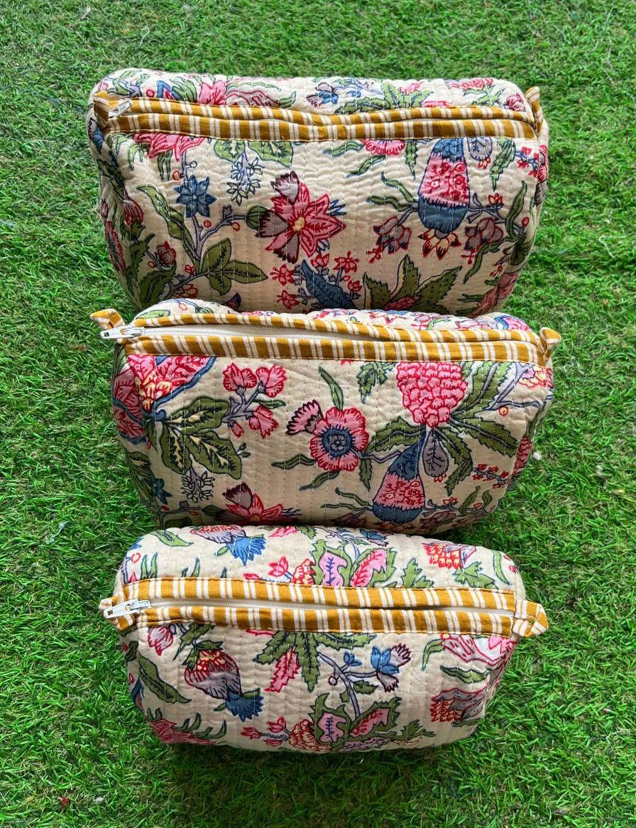 Block Print Cosmetic Bag Cotton Quilted Vintage Bag Wedding