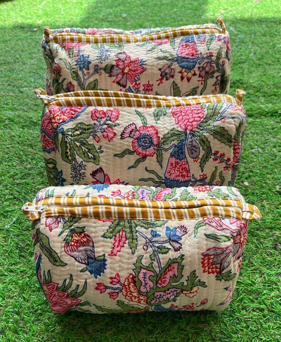 Block Print Cosmetic Bag Cotton Quilted Vintage Bag Wedding