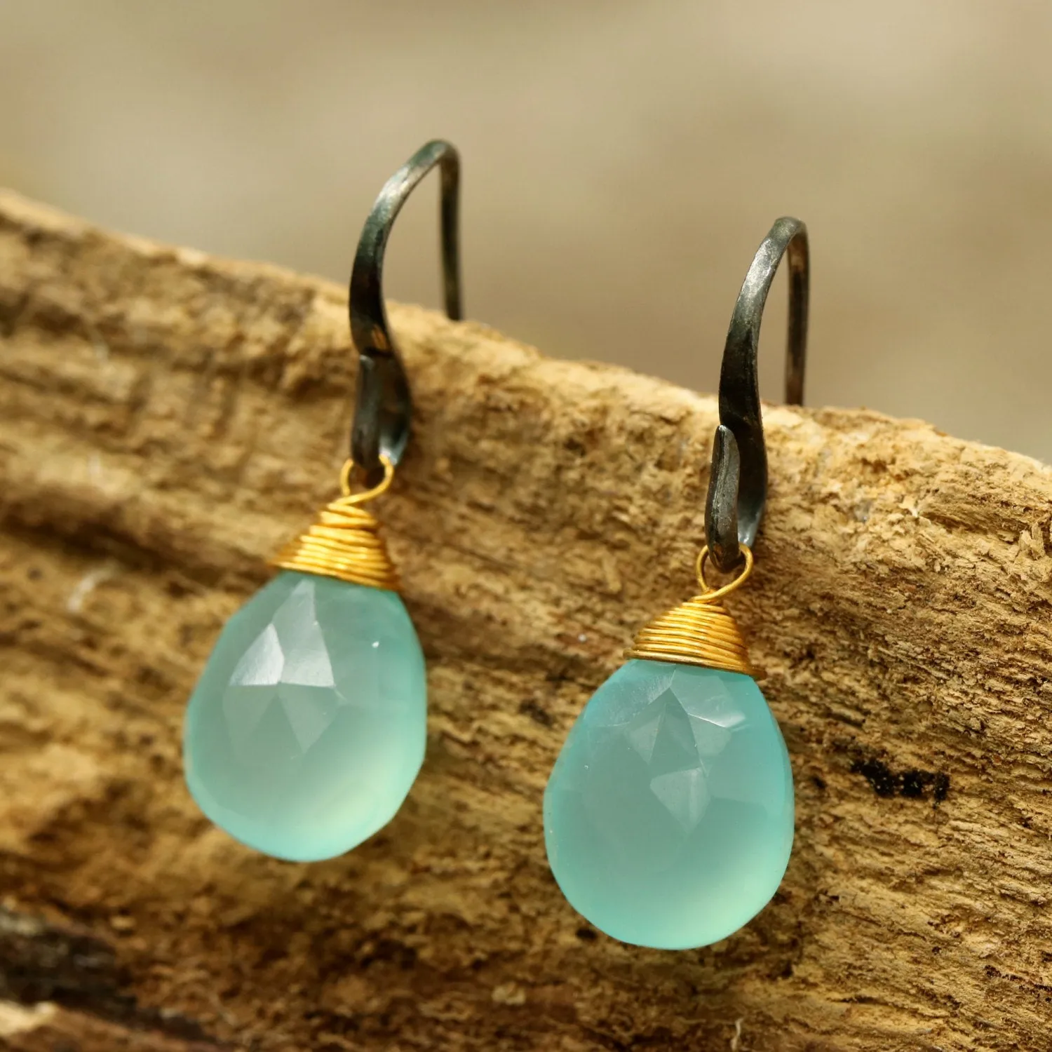 blue chalcedony drops faceted earrings with oxidized sterling silver hooks