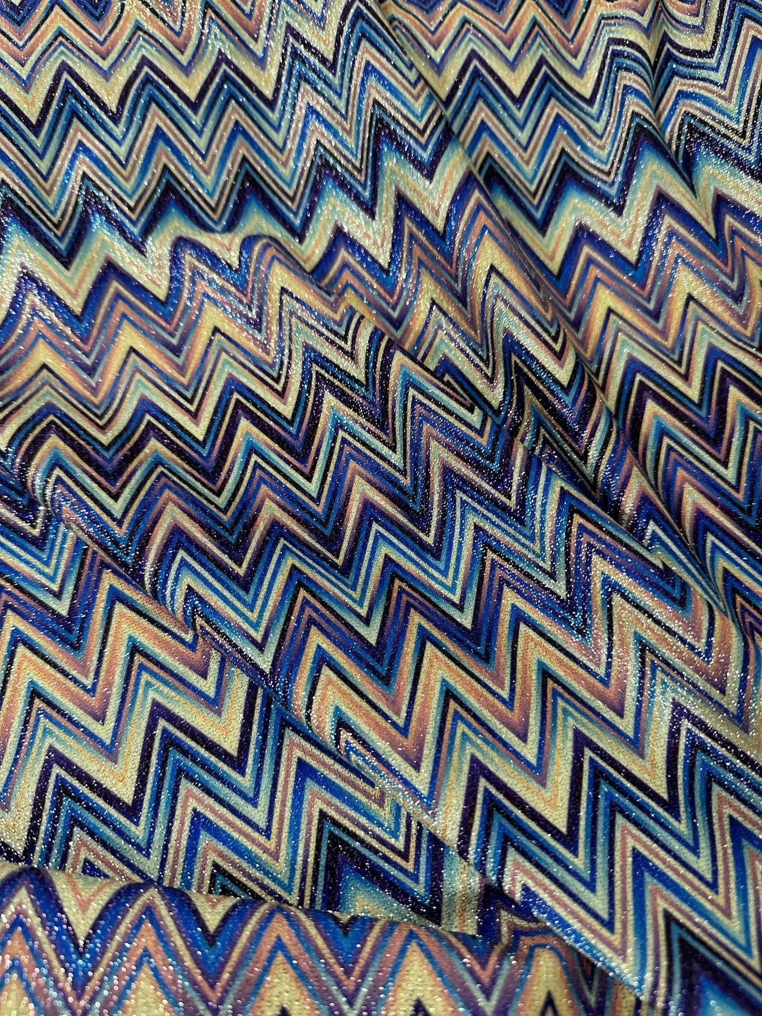 Blue Zigzag Fabric with Lurex - Soft 4-Way Stretch Material for Stylish Sewing Projects