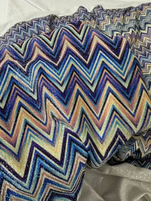 Blue Zigzag Fabric with Lurex - Soft 4-Way Stretch Material for Stylish Sewing Projects
