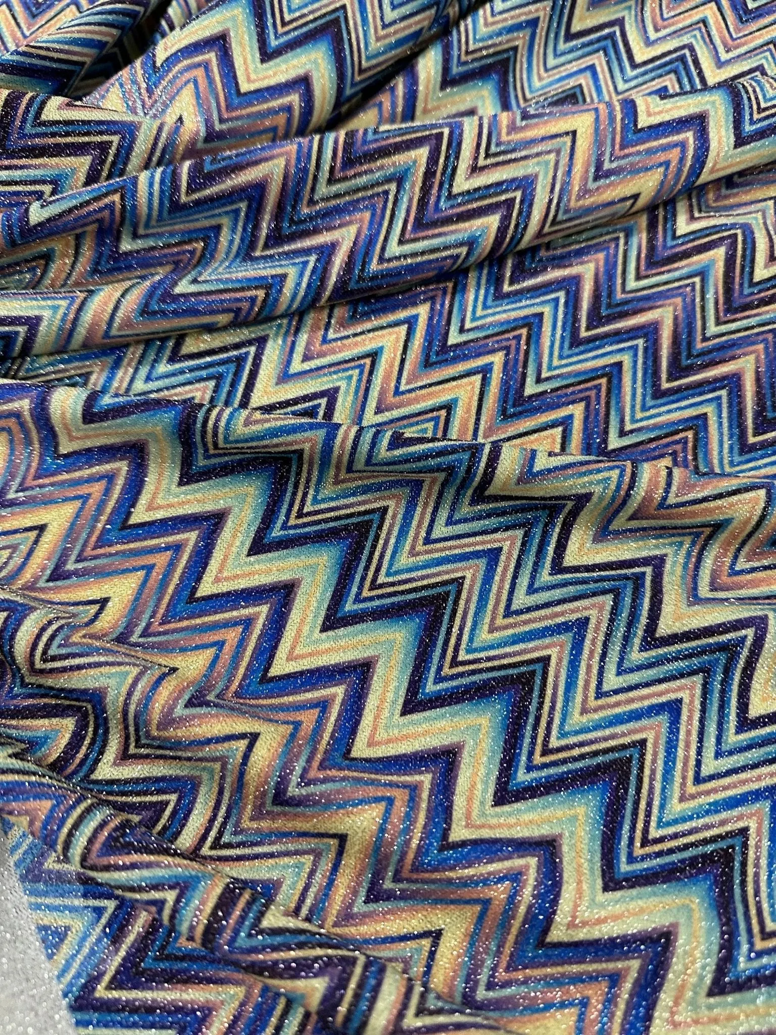 Blue Zigzag Fabric with Lurex - Soft 4-Way Stretch Material for Stylish Sewing Projects