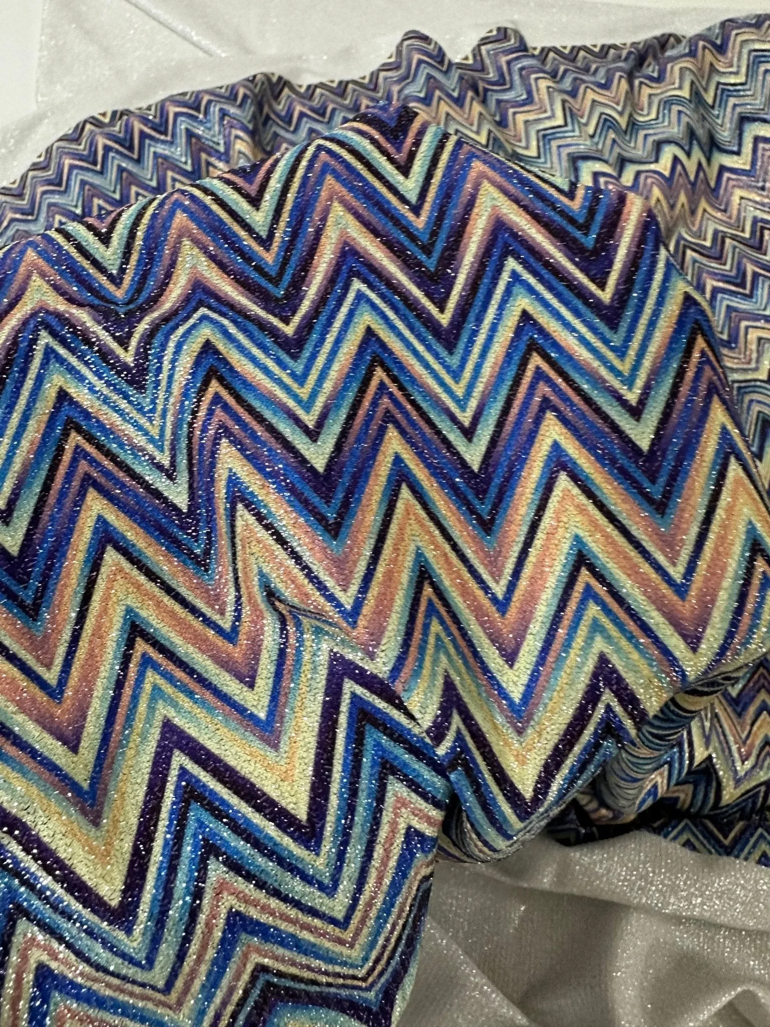 Blue Zigzag Fabric with Lurex - Soft 4-Way Stretch Material for Stylish Sewing Projects