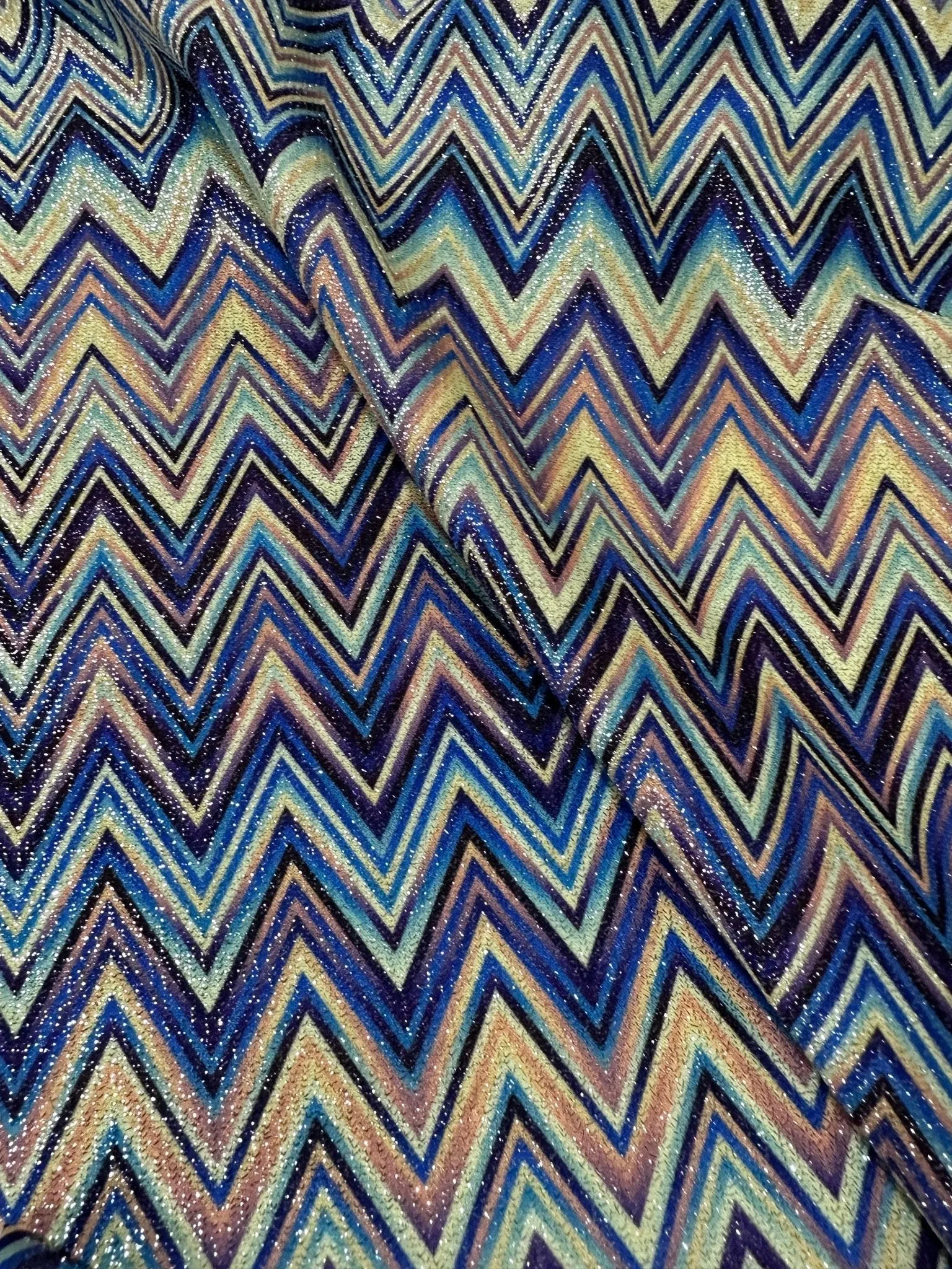Blue Zigzag Fabric with Lurex - Soft 4-Way Stretch Material for Stylish Sewing Projects