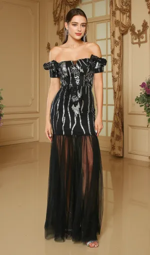 Bodycon Off the Shoulder Long Prom Dress in black