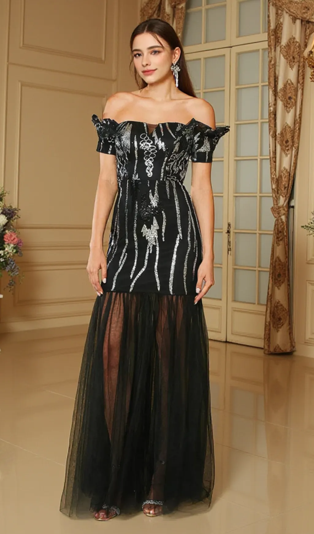 Bodycon Off the Shoulder Long Prom Dress in black