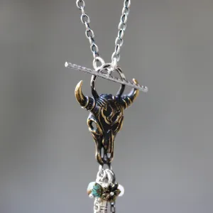 Brass Buffalo shape pendant necklace and turquoise gemstone set with 3 circle silver ring secondary on oxidized sterling silver chain