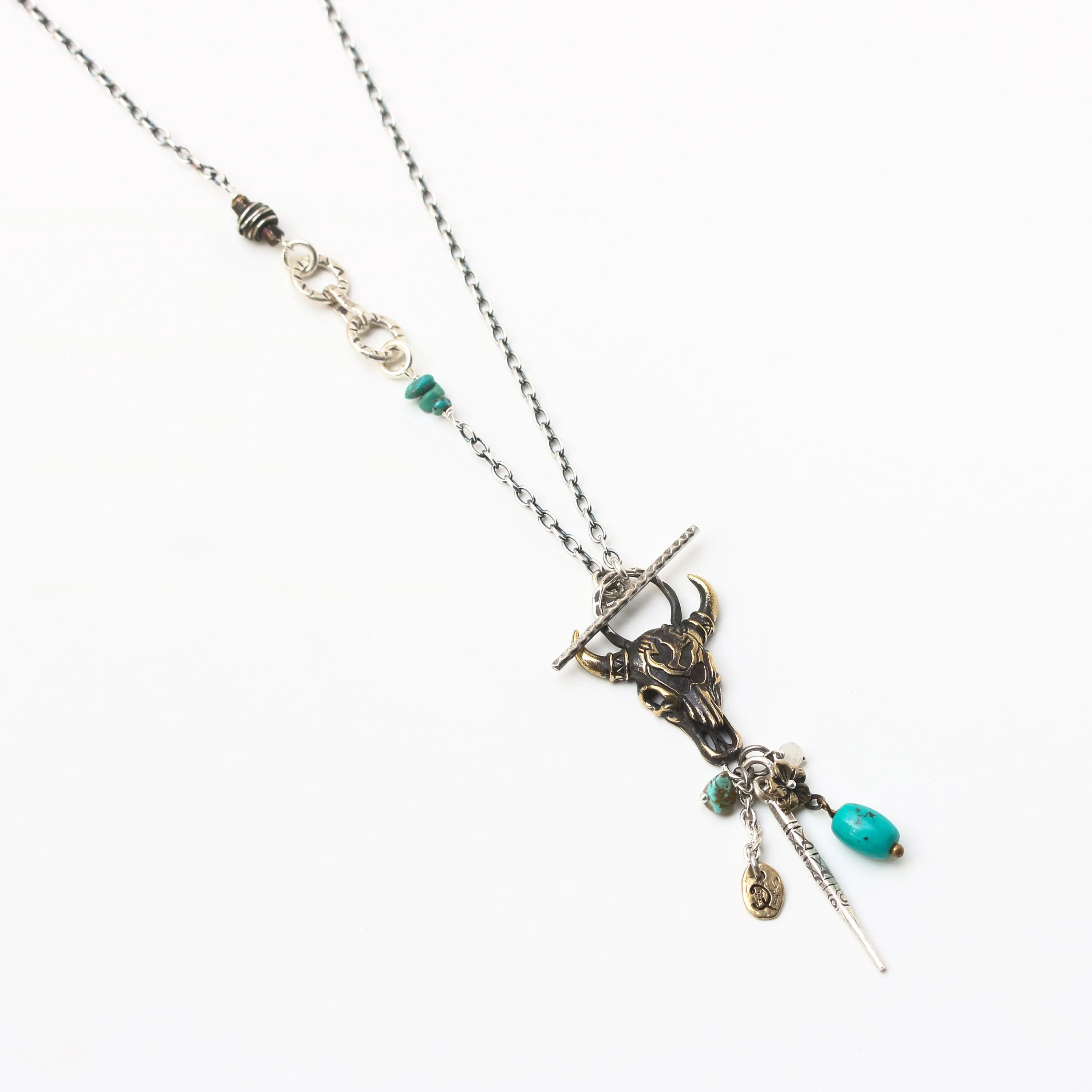 Brass Buffalo shape pendant necklace and turquoise gemstone set with 3 circle silver ring secondary on oxidized sterling silver chain
