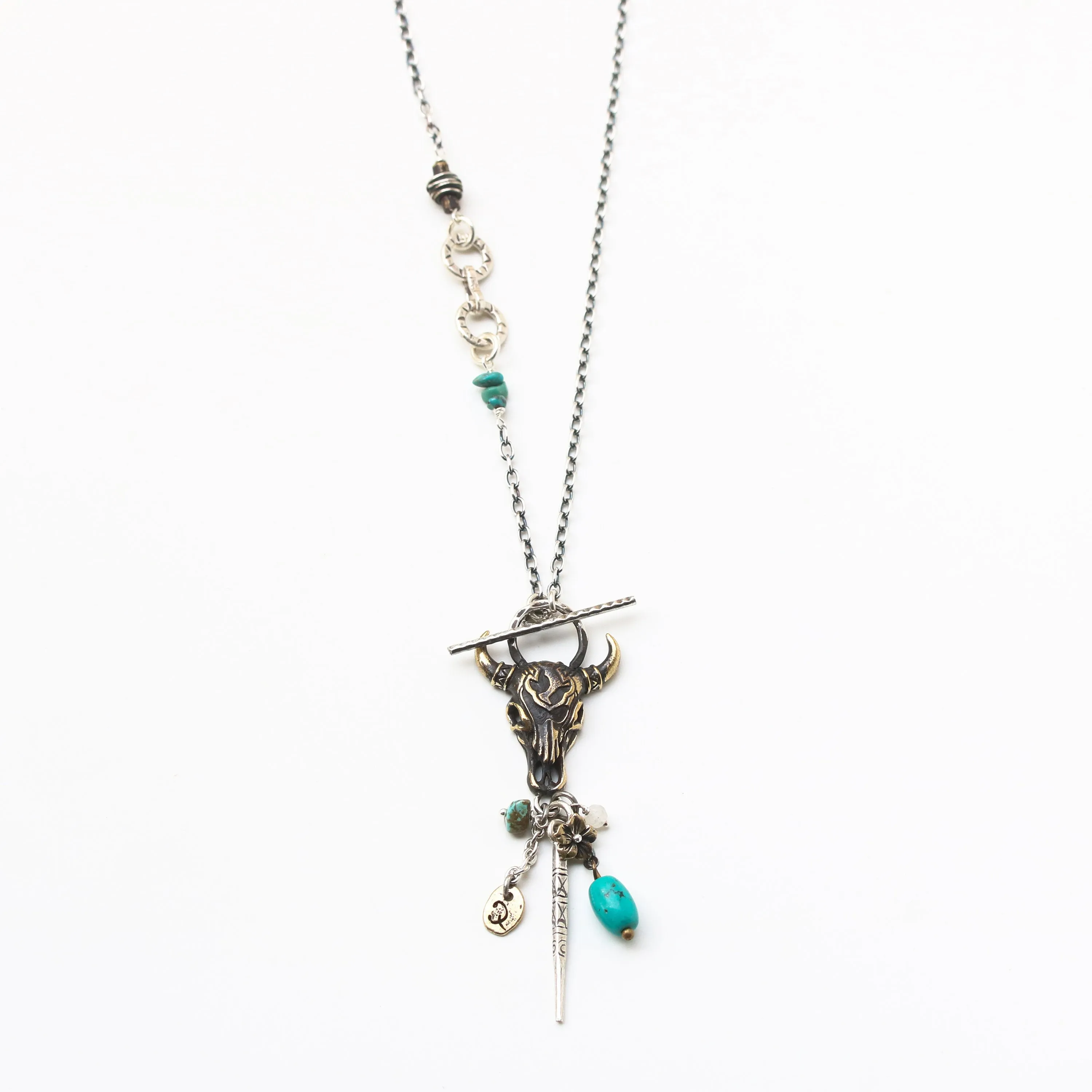 Brass Buffalo shape pendant necklace and turquoise gemstone set with 3 circle silver ring secondary on oxidized sterling silver chain