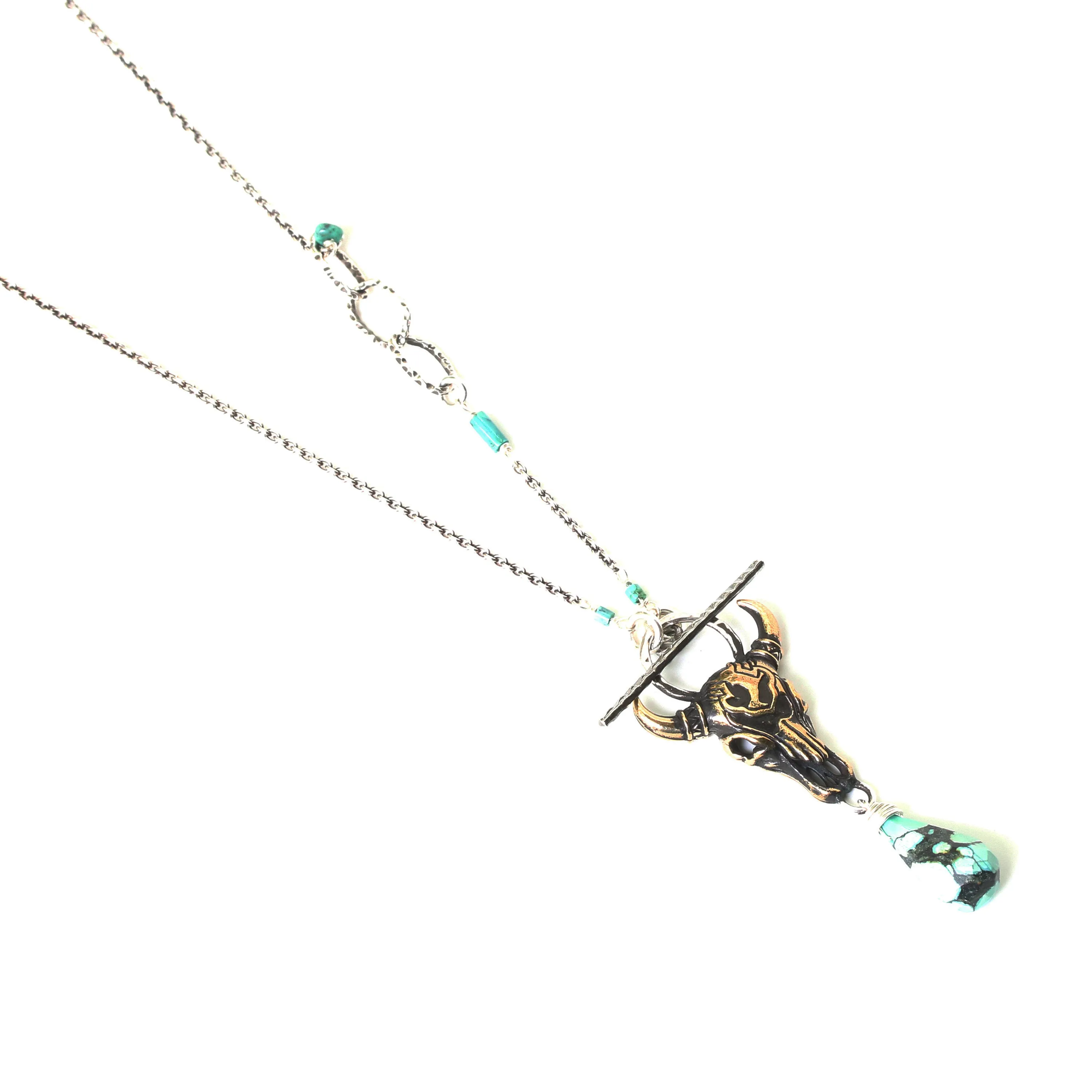 Brass Buffalo shape pendant necklace and turquoise gemstone with turquoise beads and silver ring secondary on sterling silver chain