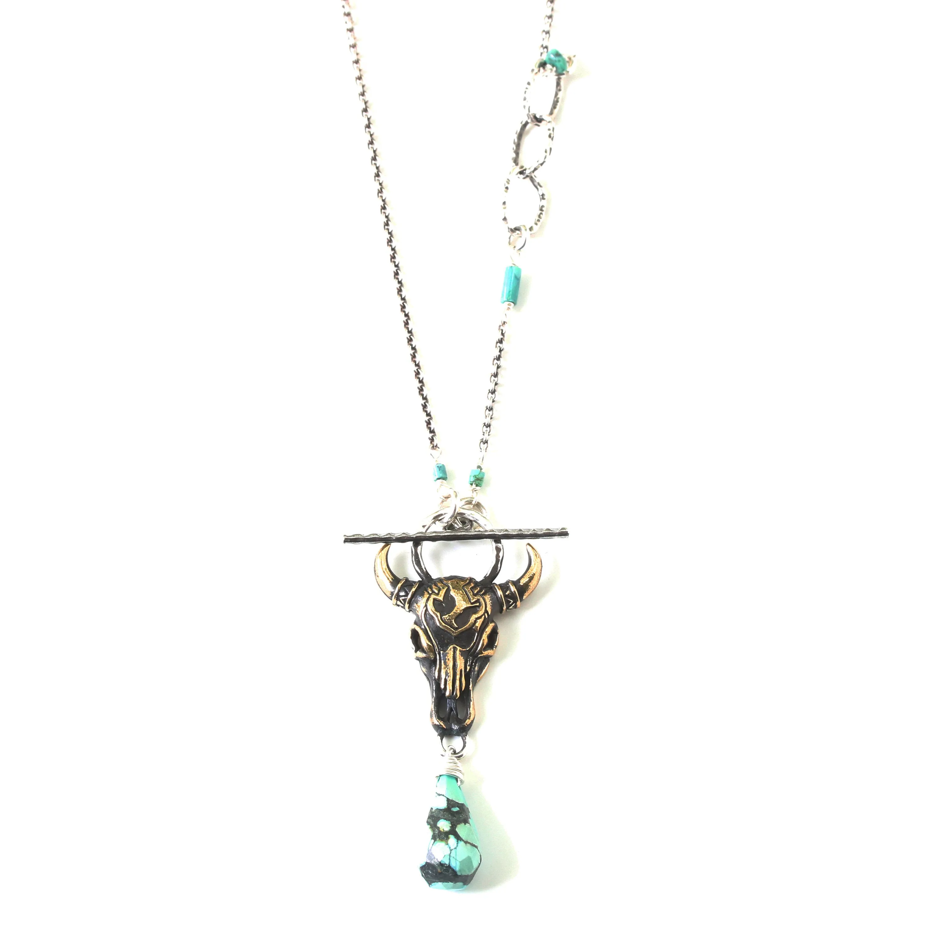 Brass Buffalo shape pendant necklace and turquoise gemstone with turquoise beads and silver ring secondary on sterling silver chain