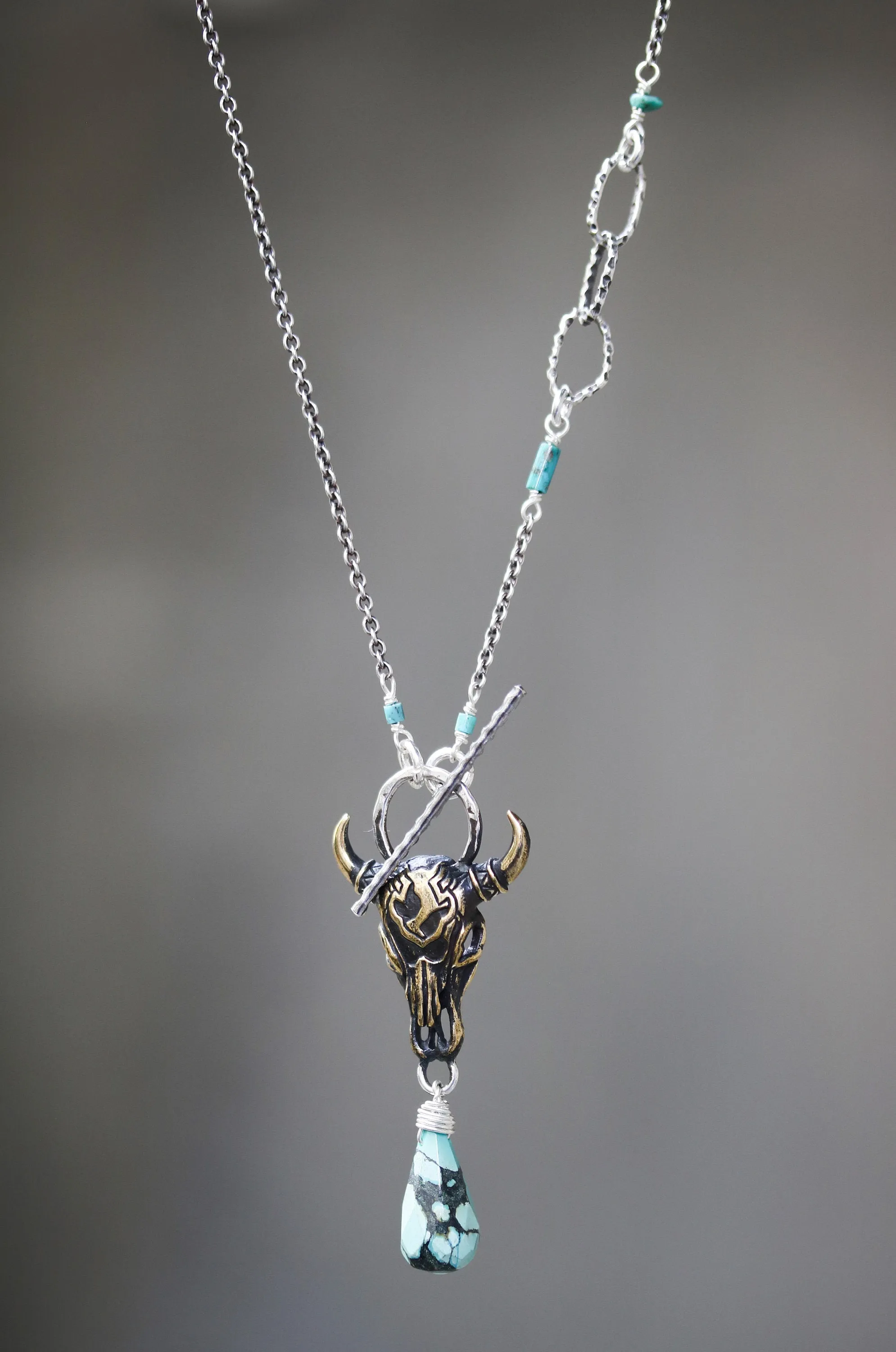Brass Buffalo shape pendant necklace and turquoise gemstone with turquoise beads and silver ring secondary on sterling silver chain