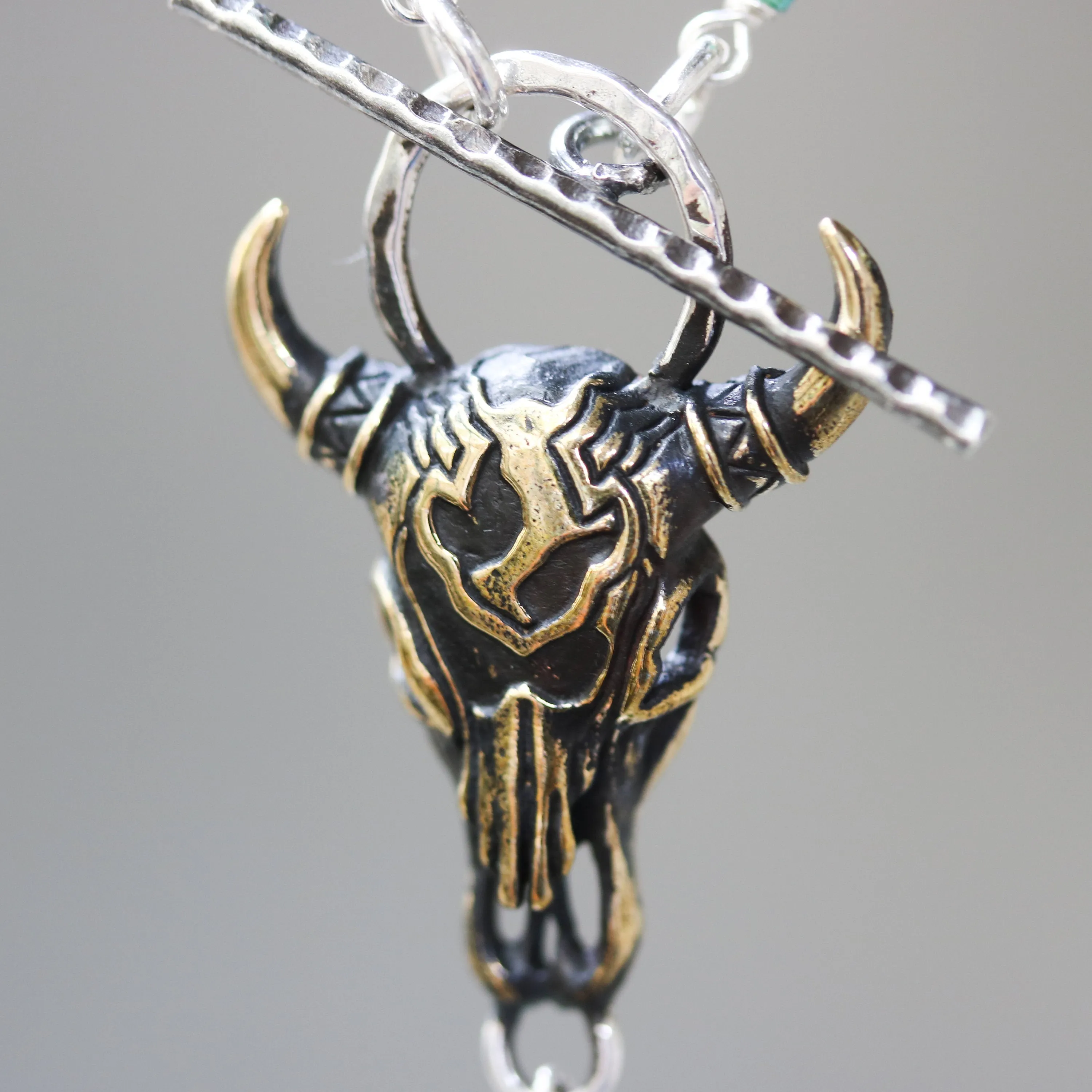 Brass Buffalo shape pendant necklace and turquoise gemstone with turquoise beads and silver ring secondary on sterling silver chain