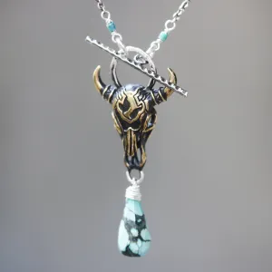 Brass Buffalo shape pendant necklace and turquoise gemstone with turquoise beads and silver ring secondary on sterling silver chain