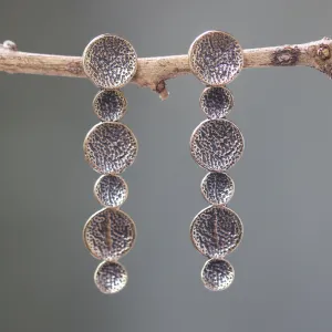 Brass circle earrings with texture oxidized on sterling silver post style