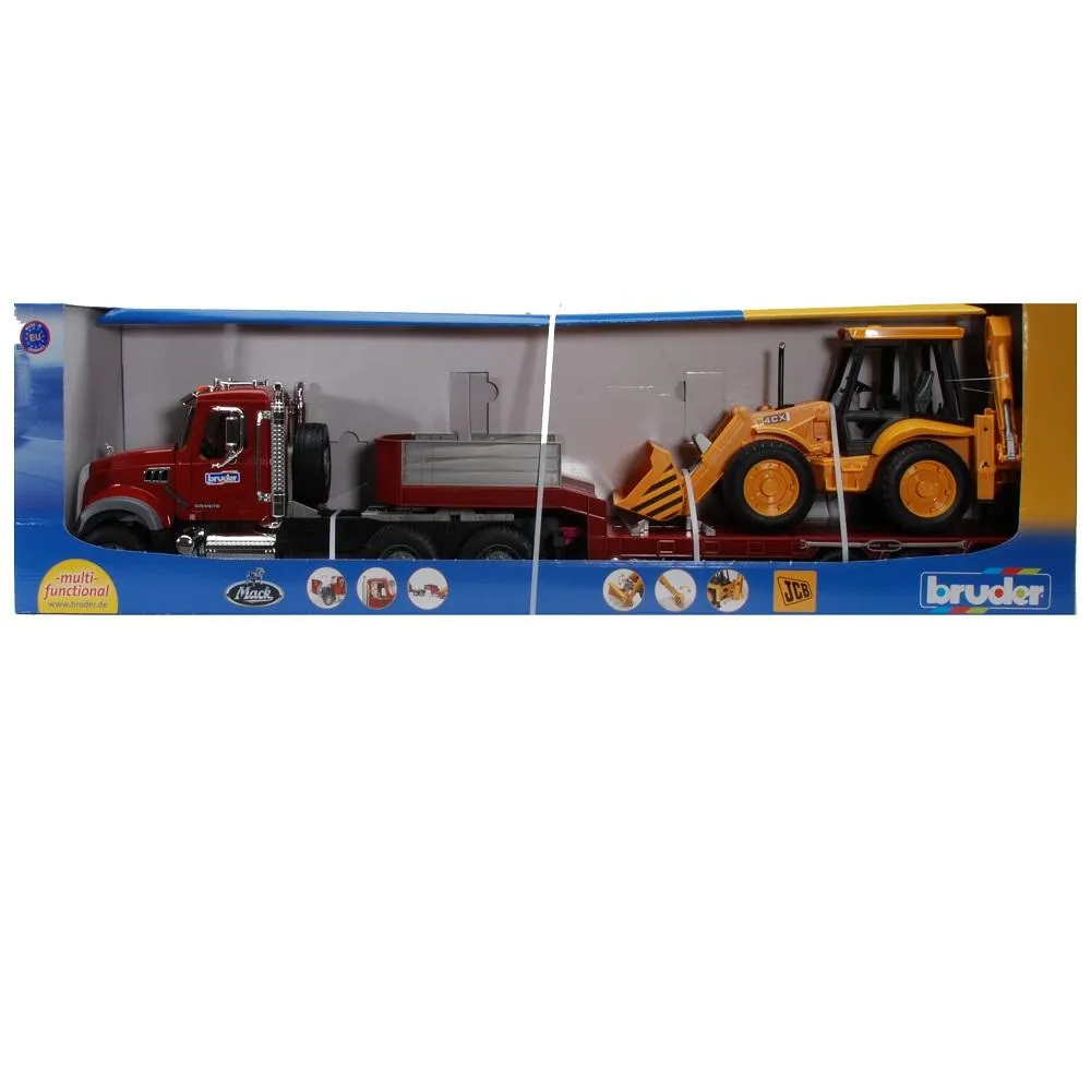 Bruder MACK Granite Truck with Low Loader and JCB 4CX Backhoe Loader