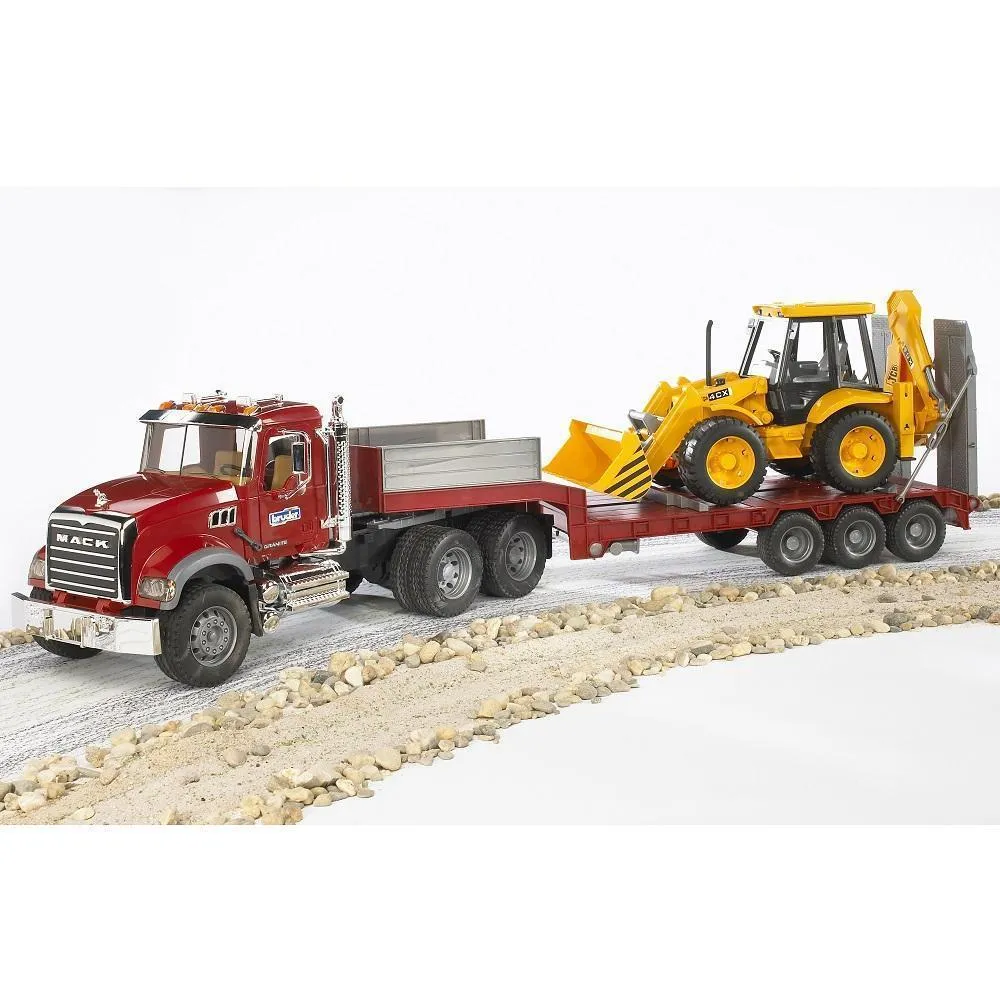 Bruder MACK Granite Truck with Low Loader and JCB 4CX Backhoe Loader
