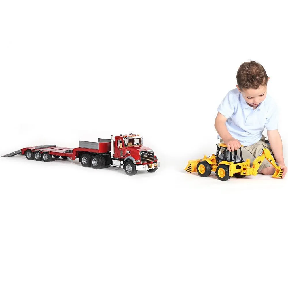 Bruder MACK Granite Truck with Low Loader and JCB 4CX Backhoe Loader