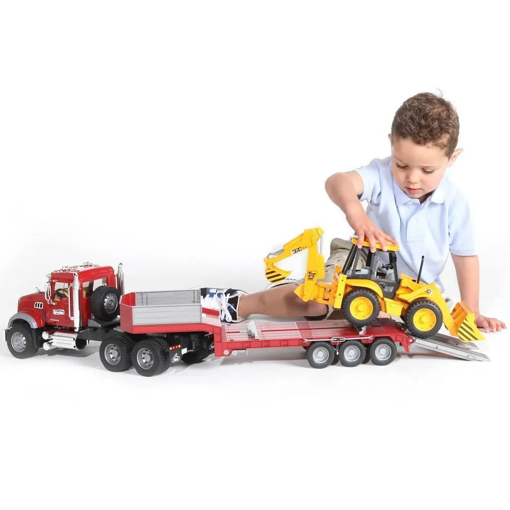Bruder MACK Granite Truck with Low Loader and JCB 4CX Backhoe Loader