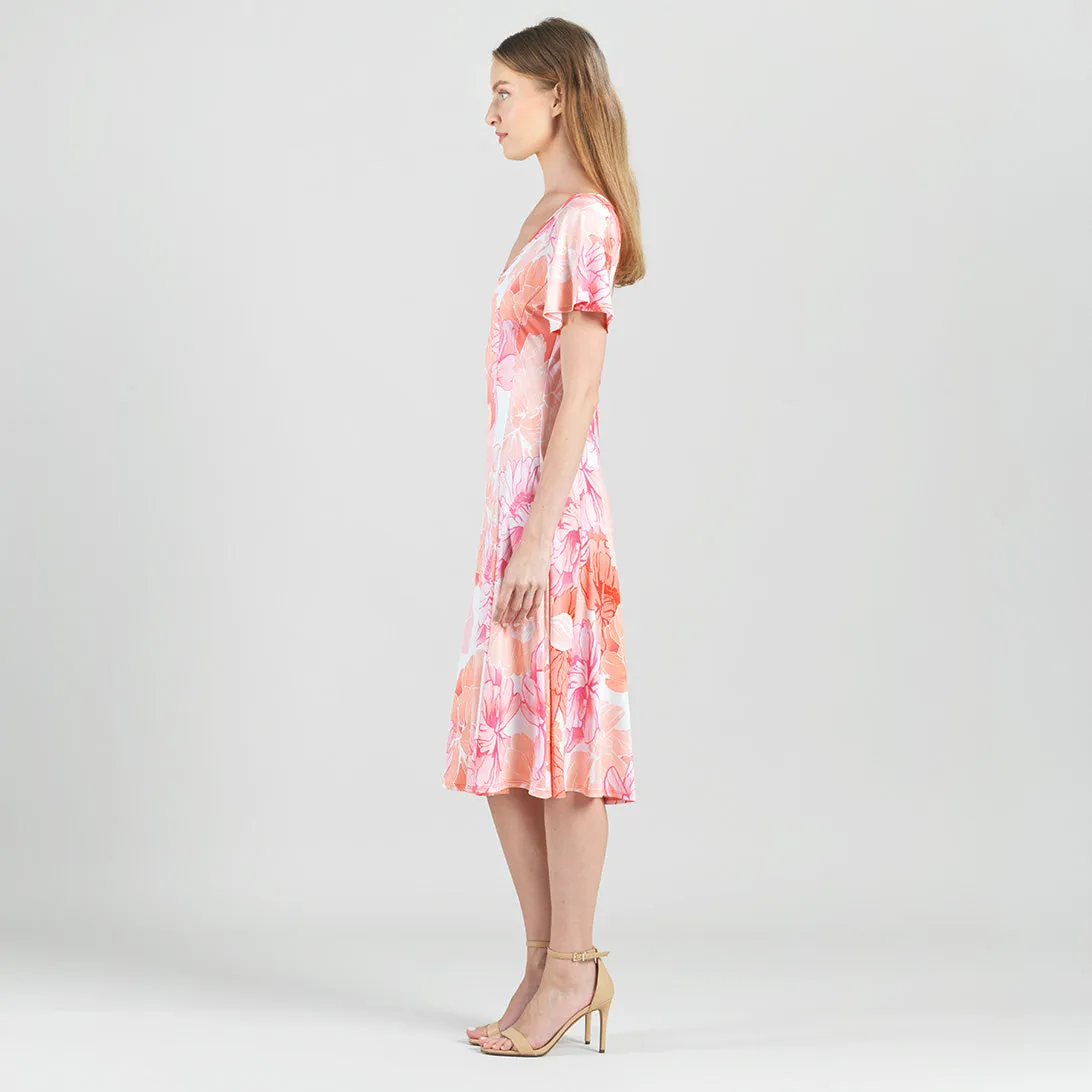 Butter Knit - Flutter Sleeve A-Line Midi Dress - Sunset Petals