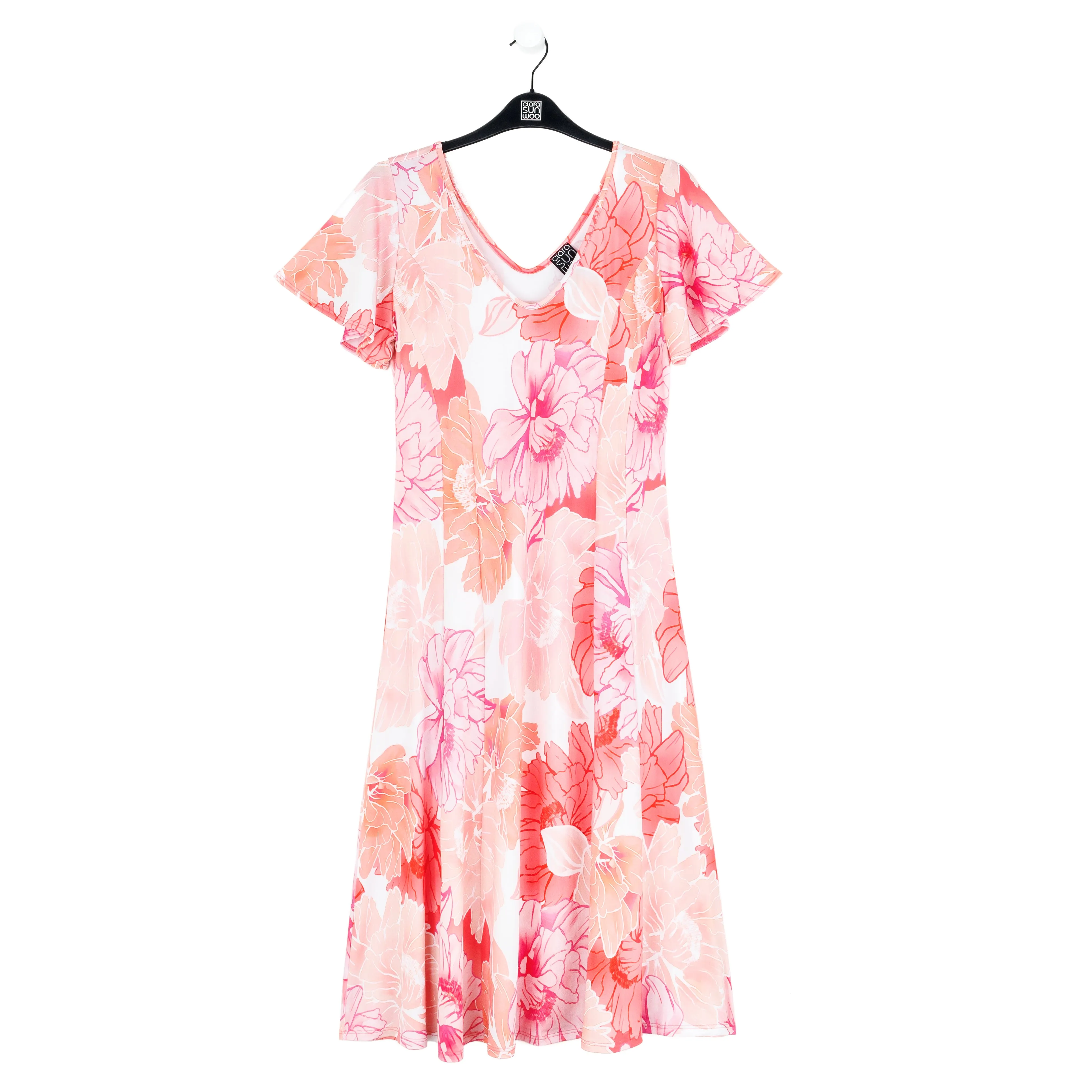 Butter Knit - Flutter Sleeve A-Line Midi Dress - Sunset Petals