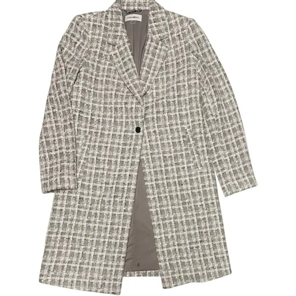CALVIN KLEIN TWEETED ONE BUTTON LONG GRAY JACKET WOMEN NOTCH LAPELS PLAID SIZE 6