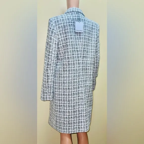 CALVIN KLEIN TWEETED ONE BUTTON LONG GRAY JACKET WOMEN NOTCH LAPELS PLAID SIZE 6