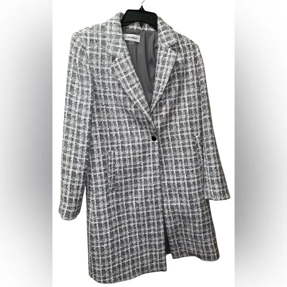 CALVIN KLEIN TWEETED ONE BUTTON LONG GRAY JACKET WOMEN NOTCH LAPELS PLAID SIZE 6