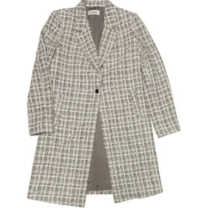 CALVIN KLEIN TWEETED ONE BUTTON LONG GRAY JACKET WOMEN NOTCH LAPELS PLAID SIZE 6