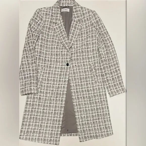 CALVIN KLEIN TWEETED ONE BUTTON LONG GRAY JACKET WOMEN NOTCH LAPELS PLAID SIZE 6