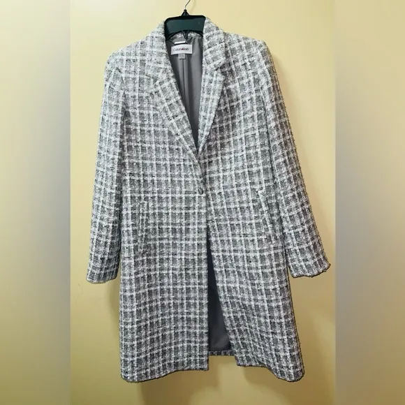 CALVIN KLEIN TWEETED ONE BUTTON LONG GRAY JACKET WOMEN NOTCH LAPELS PLAID SIZE 6
