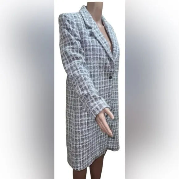 CALVIN KLEIN TWEETED ONE BUTTON LONG GRAY JACKET WOMEN NOTCH LAPELS PLAID SIZE 6