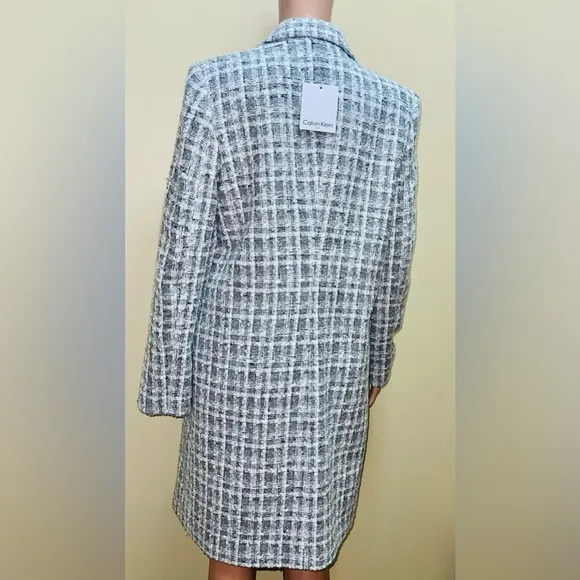 CALVIN KLEIN TWEETED ONE BUTTON LONG GRAY JACKET WOMEN NOTCH LAPELS PLAID SIZE 6