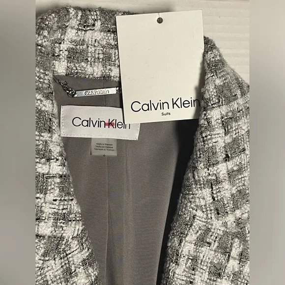 CALVIN KLEIN TWEETED ONE BUTTON LONG GRAY JACKET WOMEN NOTCH LAPELS PLAID SIZE 6