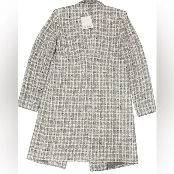 CALVIN KLEIN TWEETED ONE BUTTON LONG GRAY JACKET WOMEN NOTCH LAPELS PLAID SIZE 6