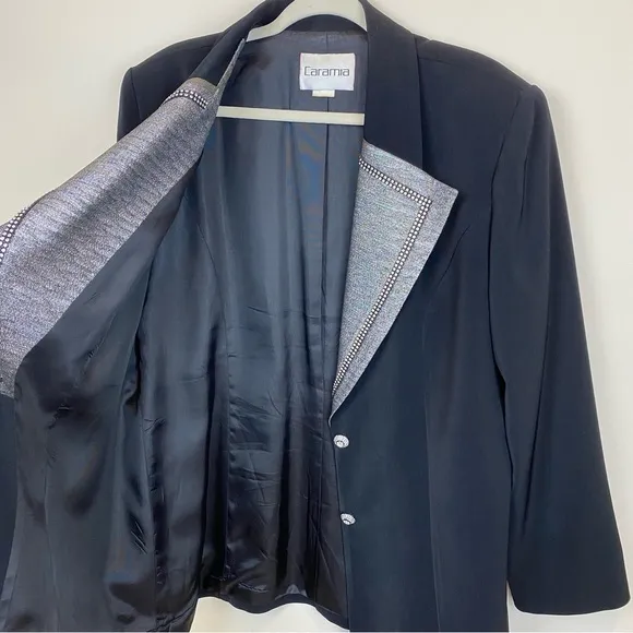 Caramia Vintage Jacket Blazer Black Rhinestones Silver Metallic Lapels Size 16