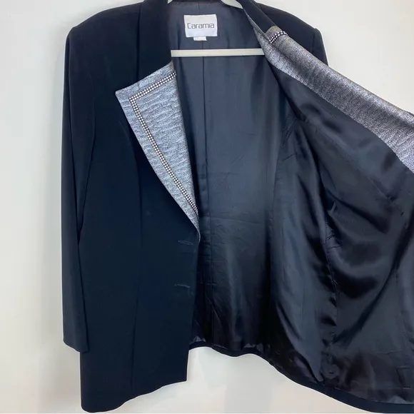 Caramia Vintage Jacket Blazer Black Rhinestones Silver Metallic Lapels Size 16