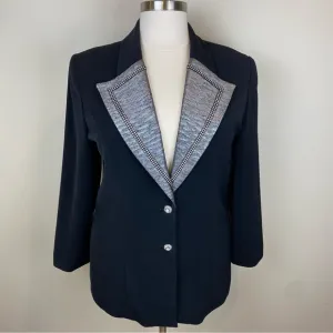 Caramia Vintage Jacket Blazer Black Rhinestones Silver Metallic Lapels Size 16