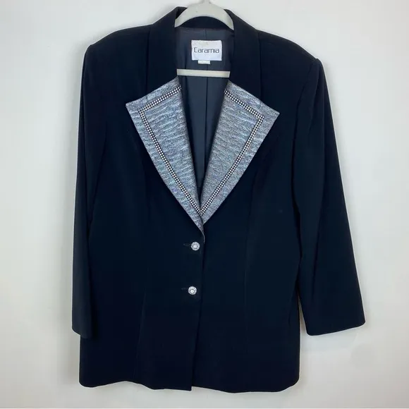 Caramia Vintage Jacket Blazer Black Rhinestones Silver Metallic Lapels Size 16