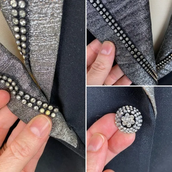 Caramia Vintage Jacket Blazer Black Rhinestones Silver Metallic Lapels Size 16