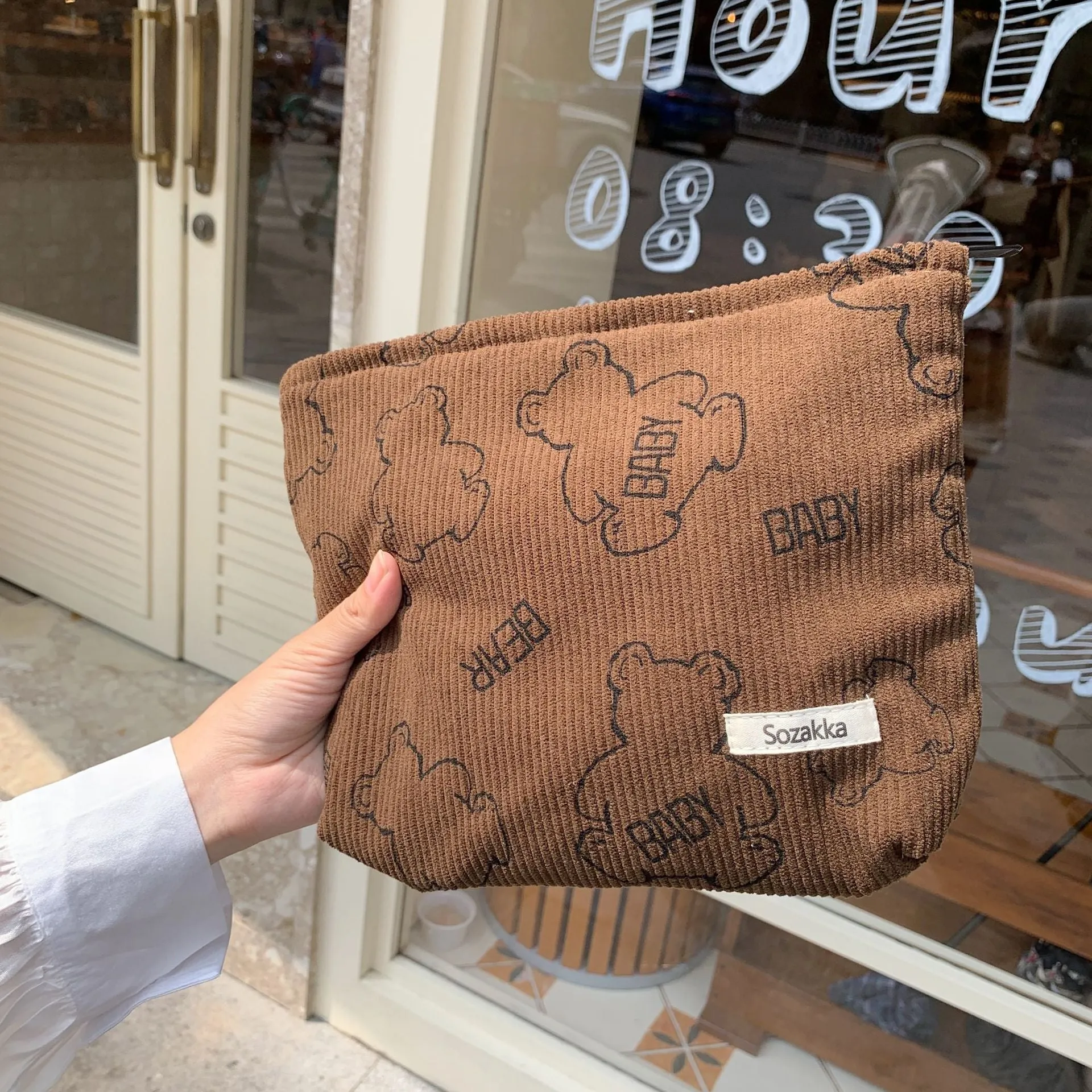 Classic Cute Bear Minimalist Corduroy Makeup Bag, Cute Pencil Case