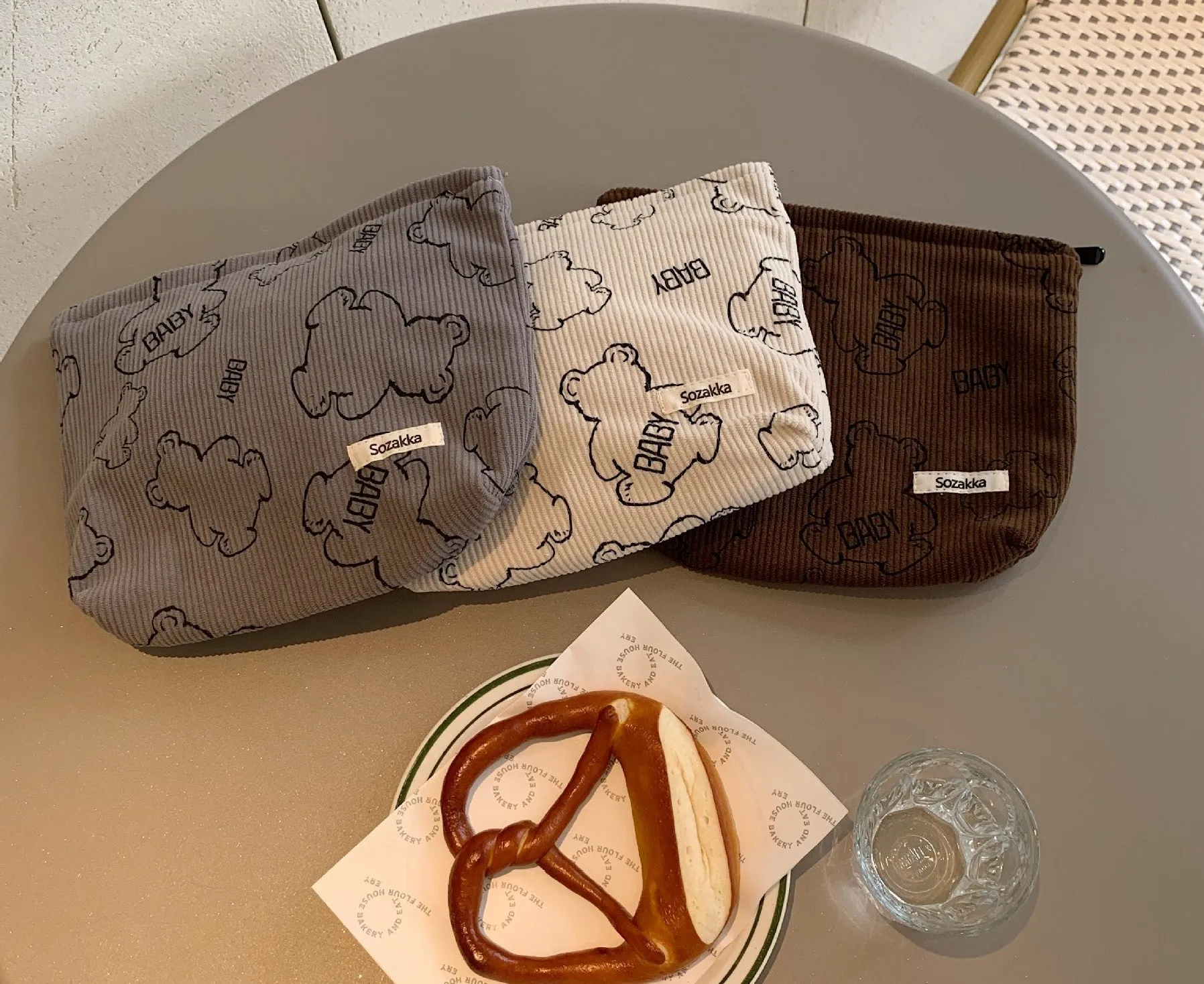 Classic Cute Bear Minimalist Corduroy Makeup Bag, Cute Pencil Case