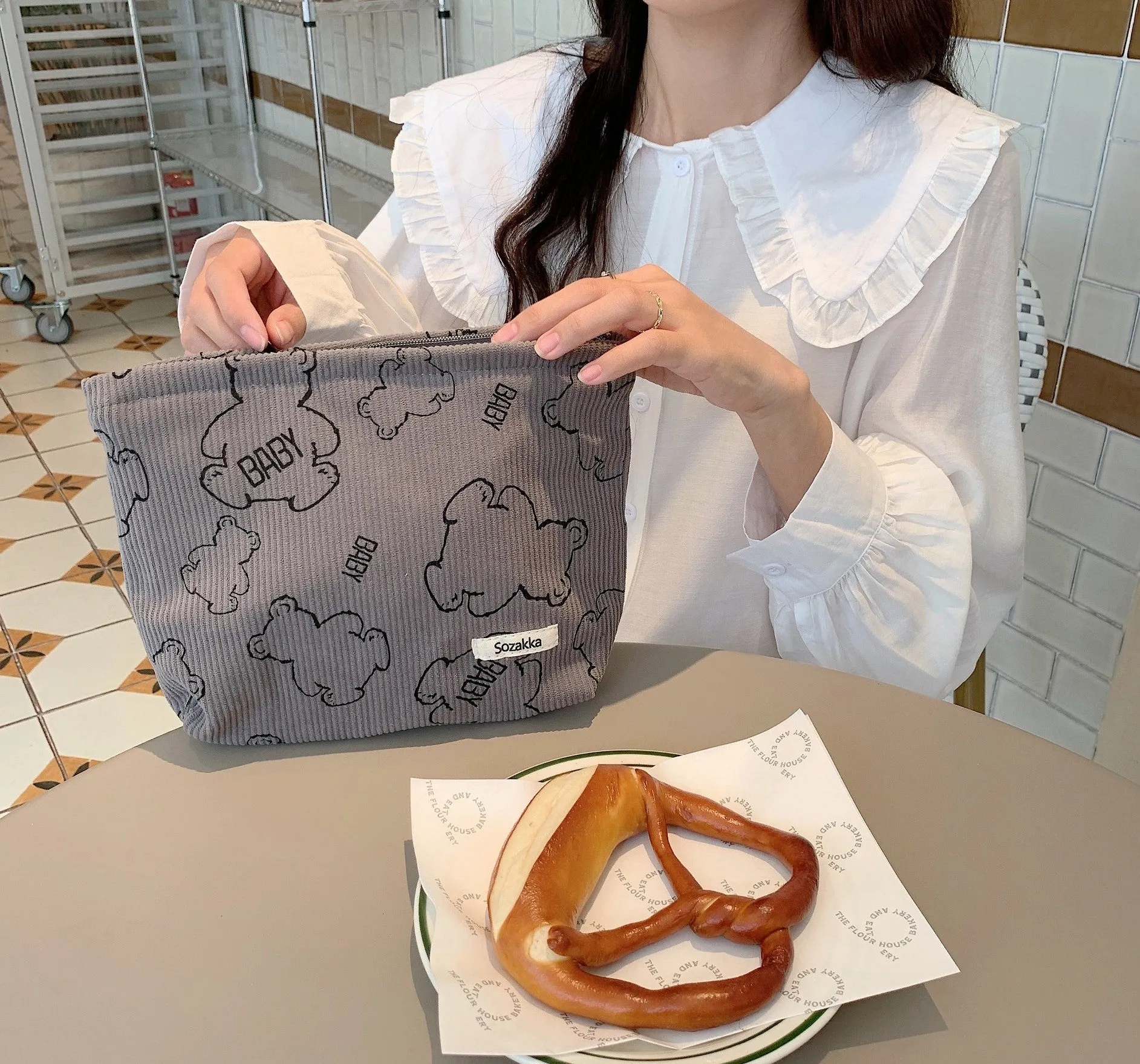 Classic Cute Bear Minimalist Corduroy Makeup Bag, Cute Pencil Case