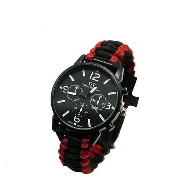 Color: RED-BLACK - Outdoor Multi function Camping Survival Watch Bracelet Tools