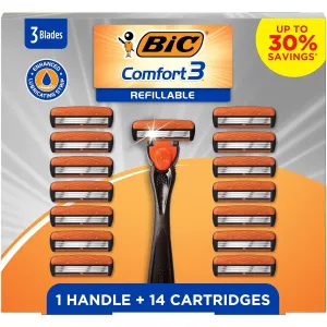 Comfort 3 Refillable Disposable Razors for Men, 1 Handle and 14 Cartridges with 3 Blades, 15 Piece Razor Kit for Men