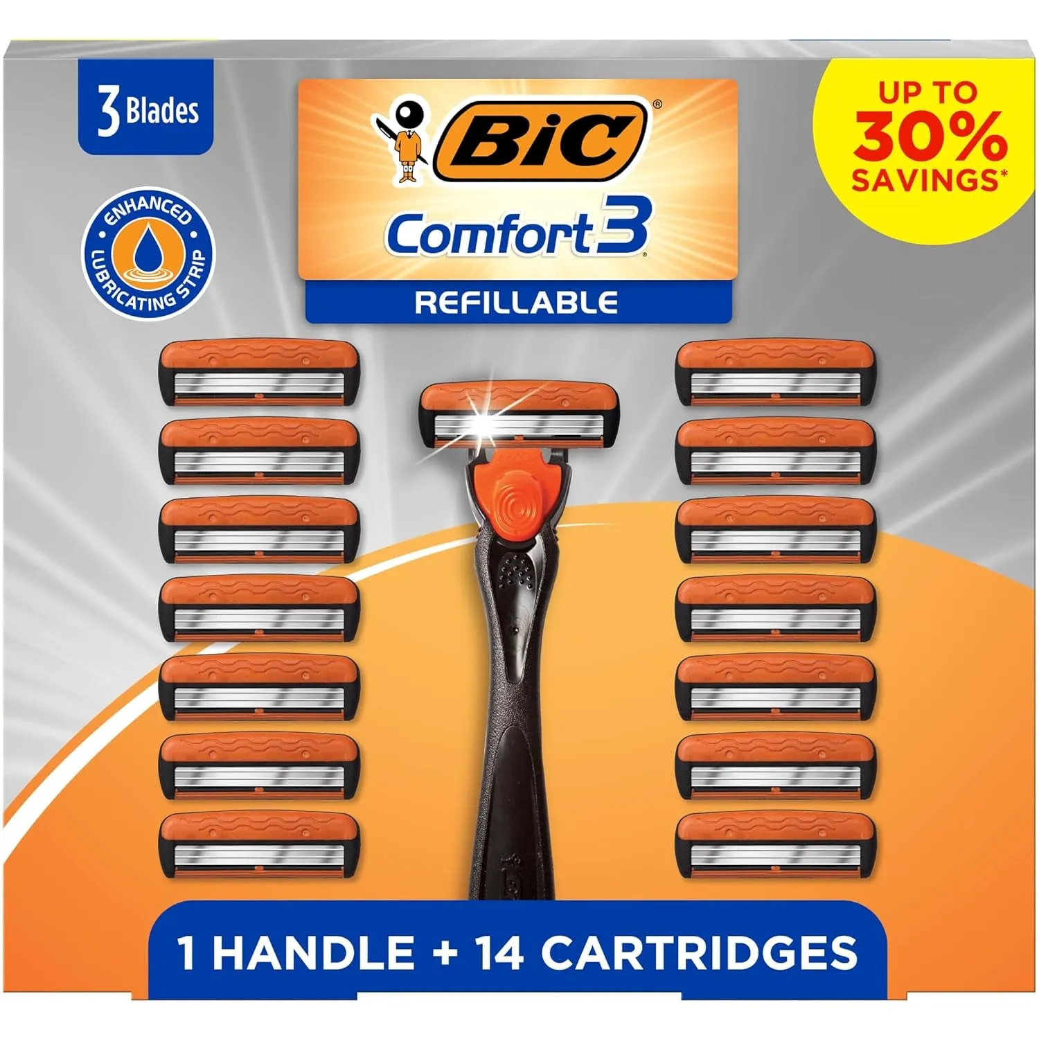 Comfort 3 Refillable Disposable Razors for Men, 1 Handle and 14 Cartridges with 3 Blades, 15 Piece Razor Kit for Men