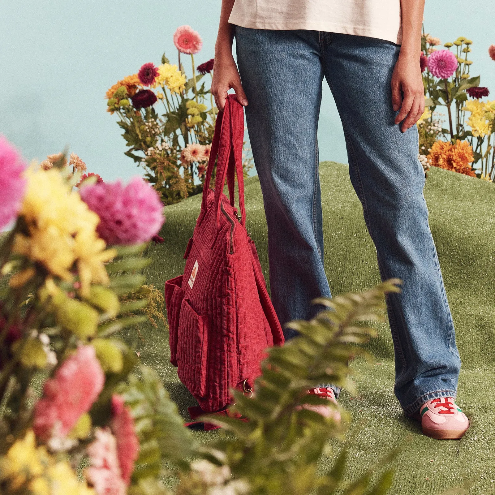Corduroy Quilted Convertible Backpack - Cherry
