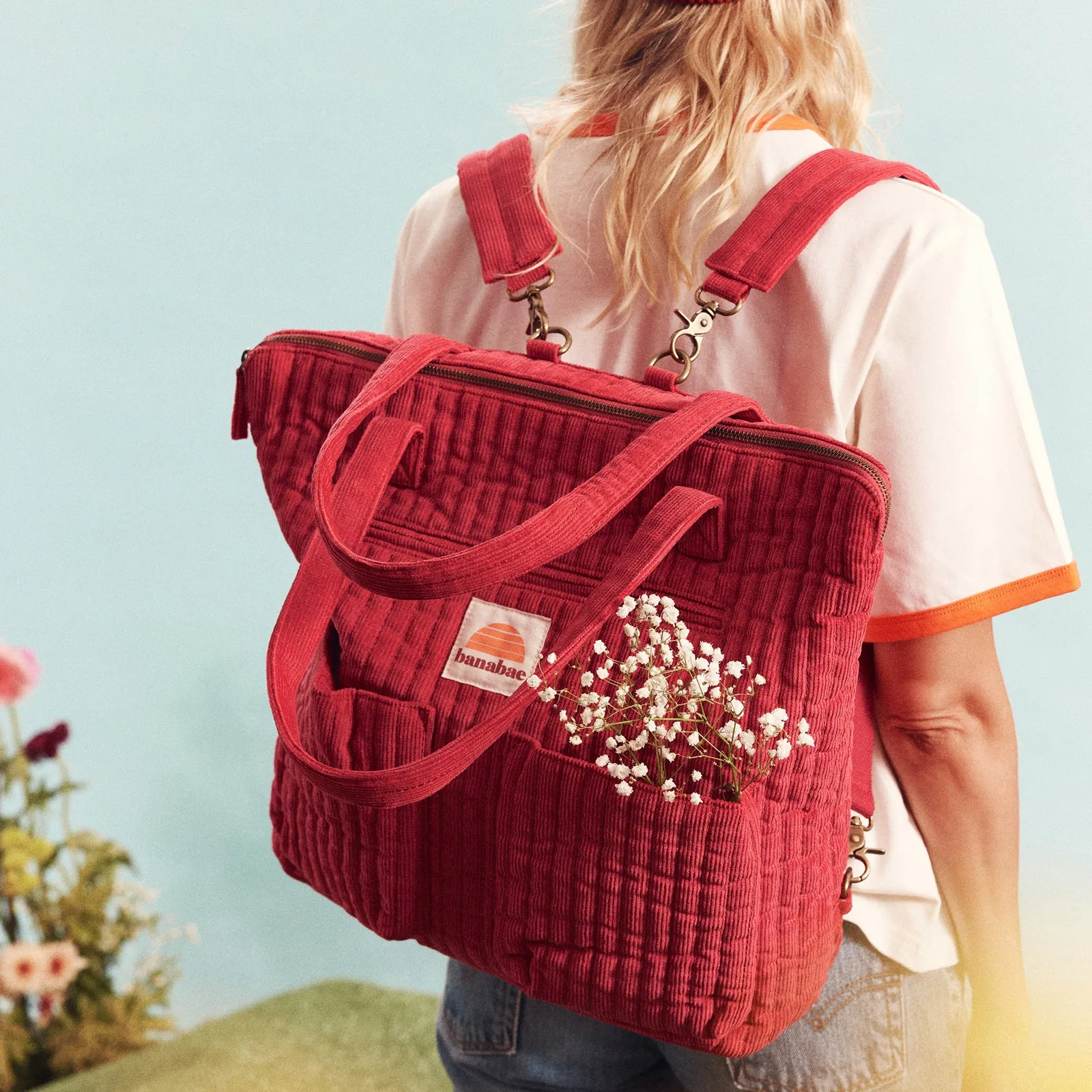 Corduroy Quilted Convertible Backpack - Cherry
