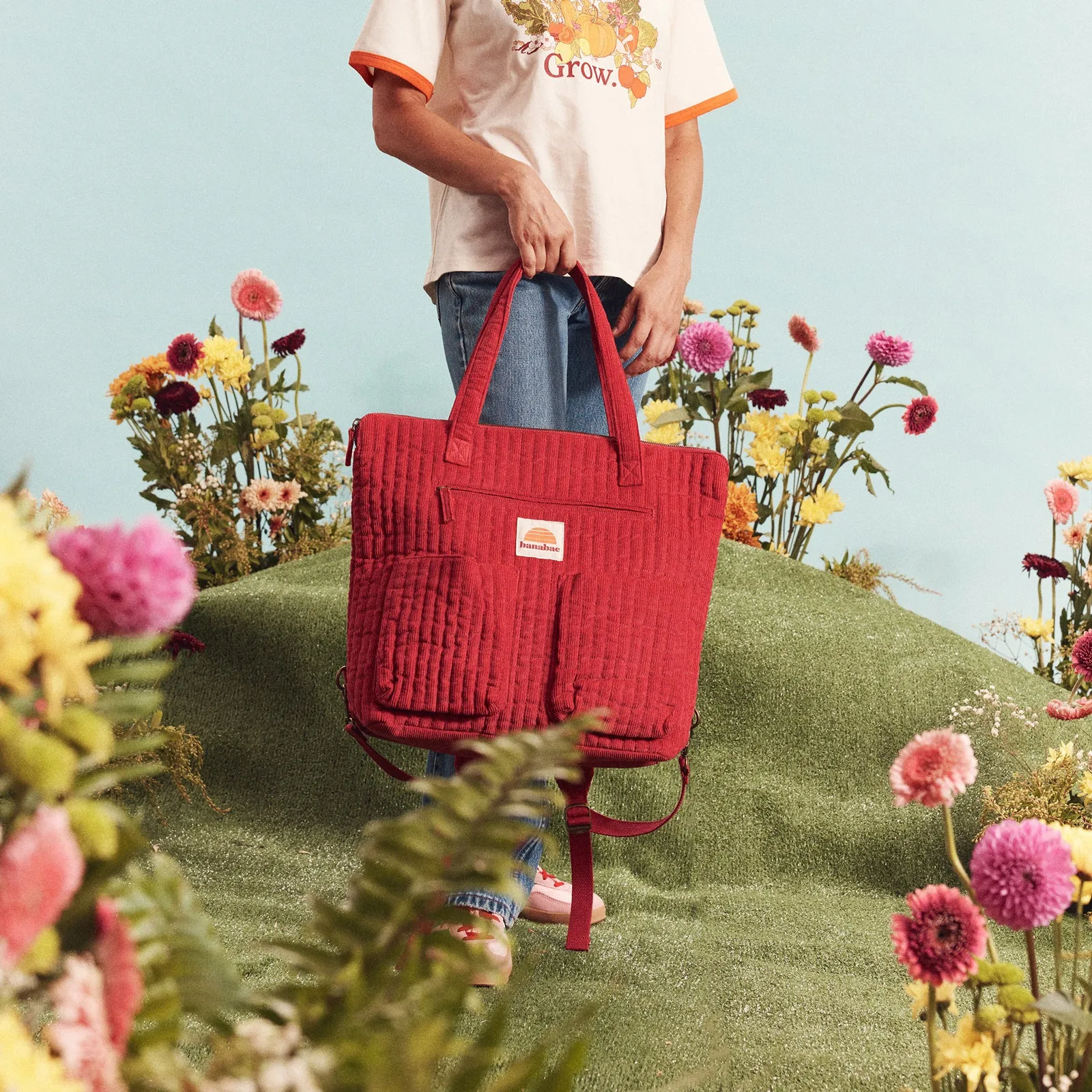 Corduroy Quilted Convertible Backpack - Cherry