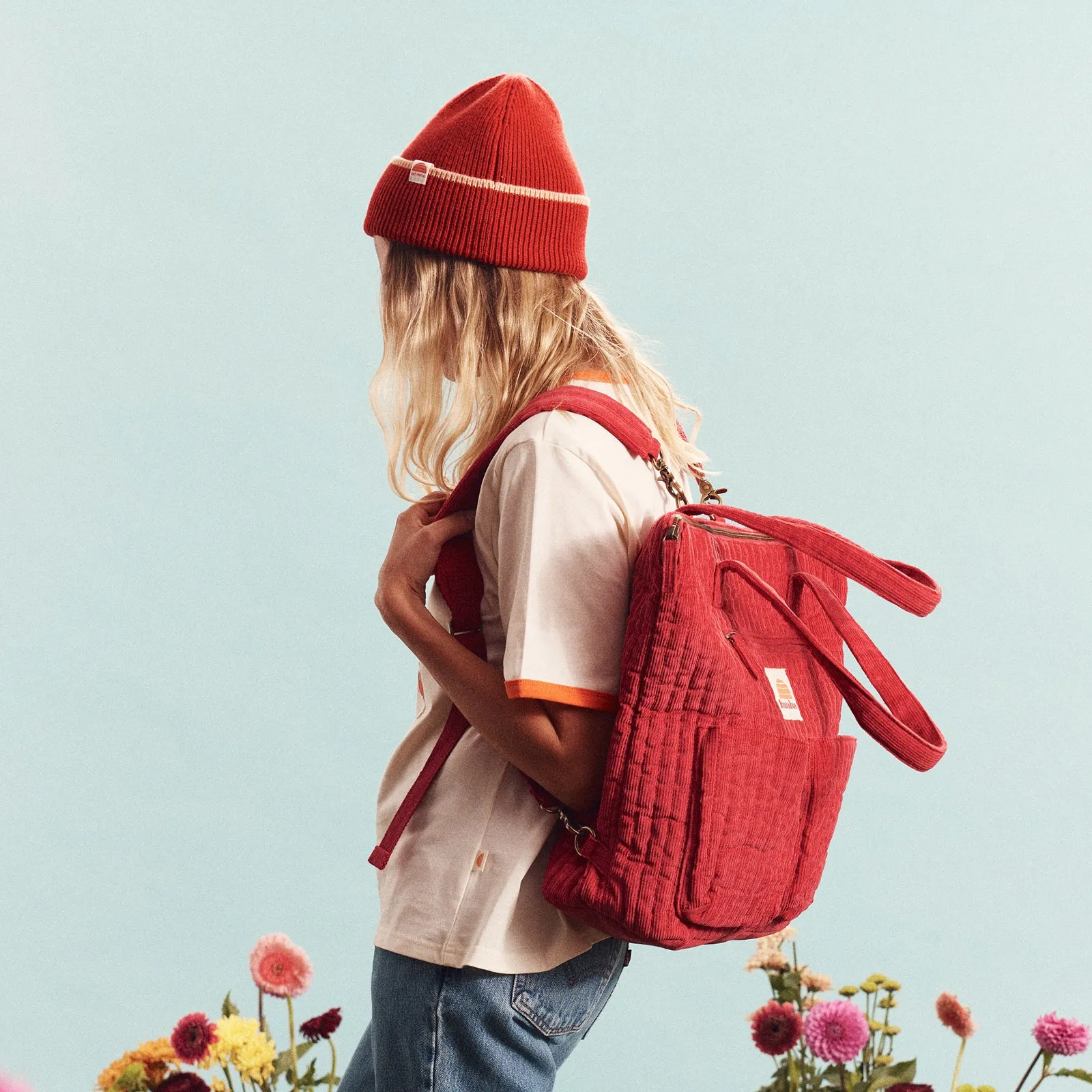 Corduroy Quilted Convertible Backpack - Cherry